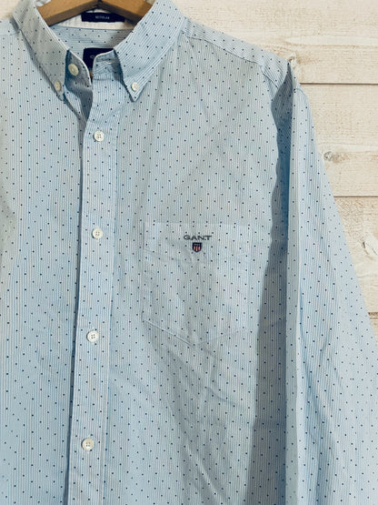 Chemise Regular à Fines Rayures et Pois • GANT • Taille L • Bleu Ciel et Blanc