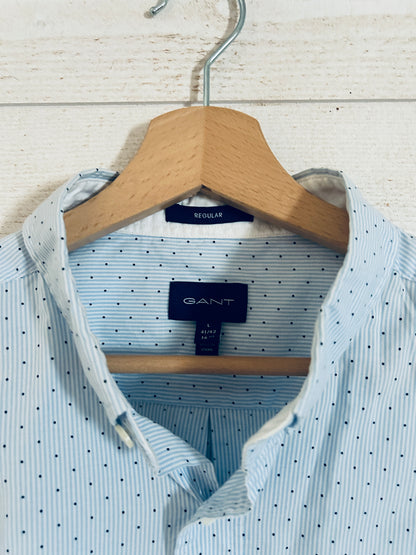 Chemise Regular à Fines Rayures et Pois • GANT • Taille L • Bleu Ciel et Blanc