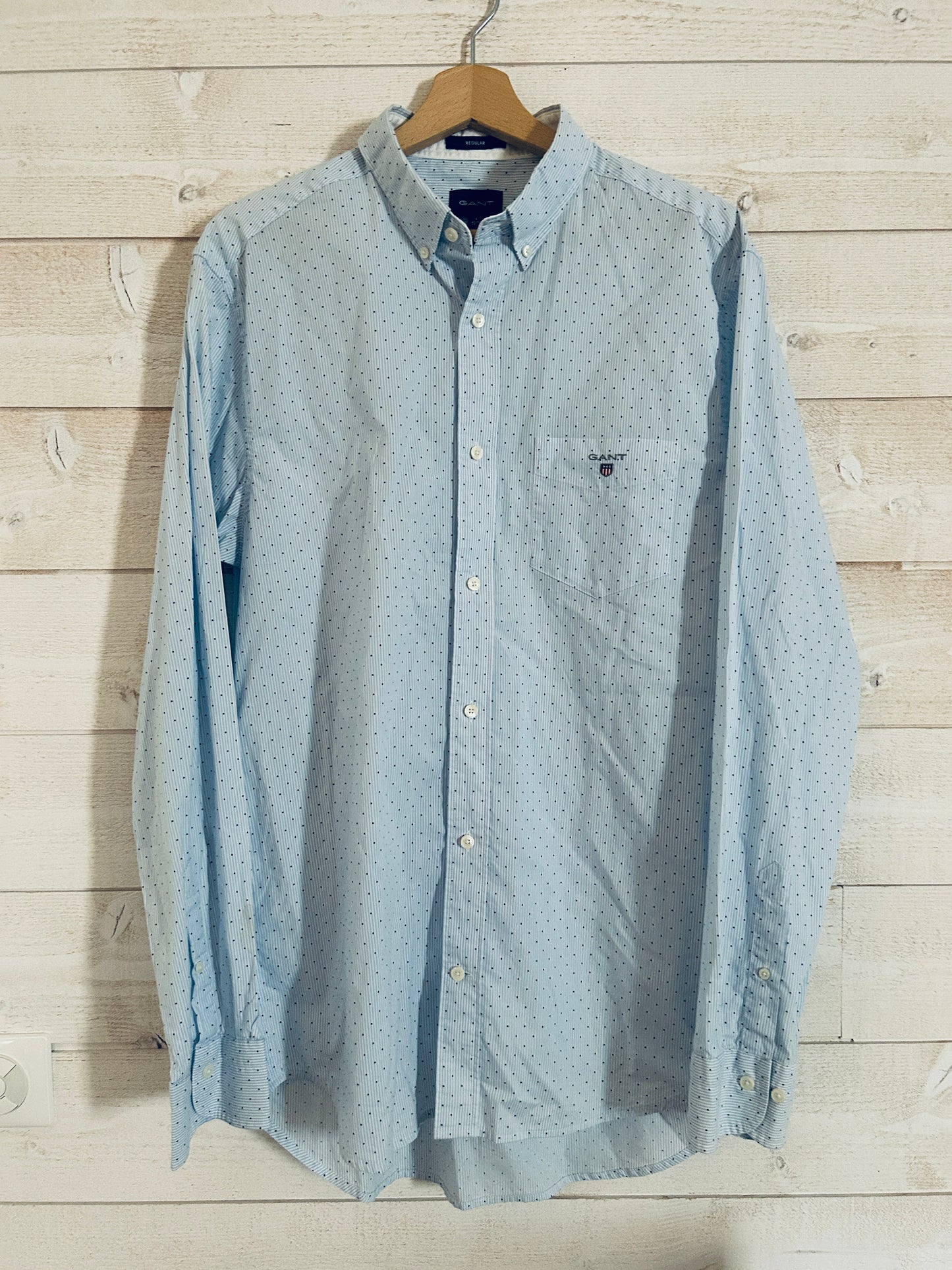 Chemise Regular à Fines Rayures et Pois • GANT • Taille L • Bleu Ciel et Blanc