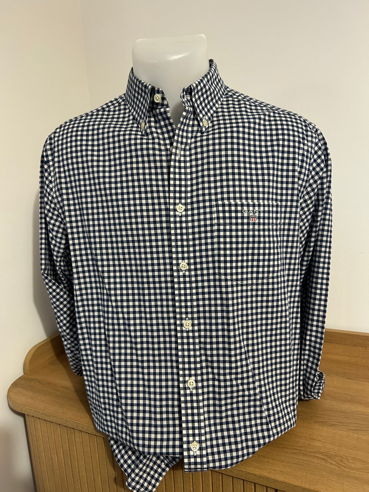Chemise Gant The Poplin Gingham – Coupe Regular – Bleu marine et blanc – M